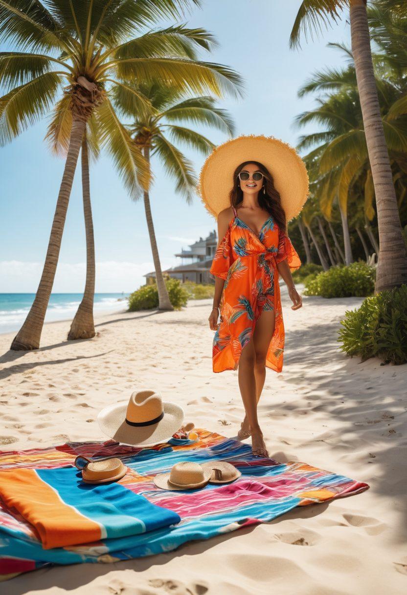 A stylish beach scene showcasing a vibrant summer resort, featuring a variety of must-have accessories like wide-brimmed hats, sunglasses, and colorful beach towels. Several outfits, including swimsuits and flowy cover-ups, are artfully displayed on a sandy beach. The sun is shining brightly, and palm trees sway in the background, creating a festive atmosphere. Artistic flair with bright colors and a sense of relaxation captures the essence of summer getaway. vibrant colors. tropical theme. super-realistic.